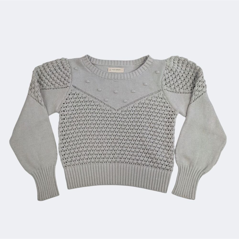Lucky Brand Gray Pointelle Cropped Sweater | Puff Sleeves | M | Coquette